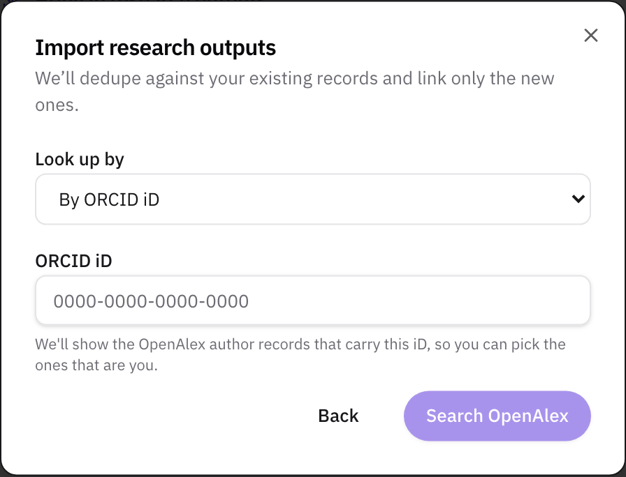 The OpenAlex form with By ORCID iD selected, an empty ORCID iD field, the hint "We'll show the OpenAlex author records that carry this iD, so you can pick the ones that are you.", and the Search OpenAlex button.