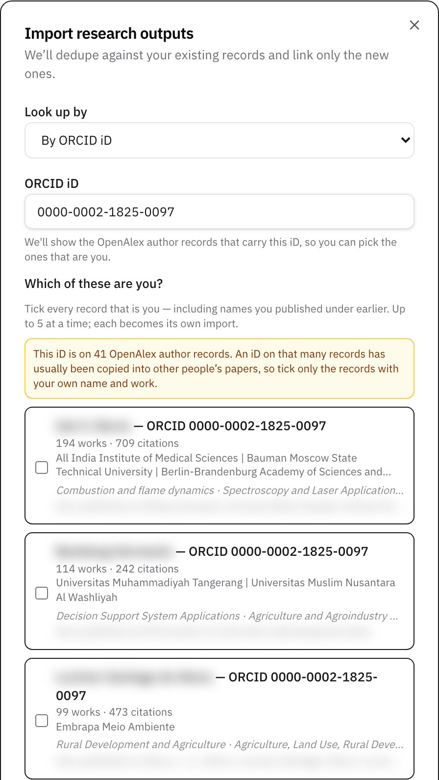 Which of these are you? for ORCID's test iD: a warning that the iD is on 41 OpenAlex author records, and the first three records, each with its works, citations, institutions, and topics. The names are hidden here.