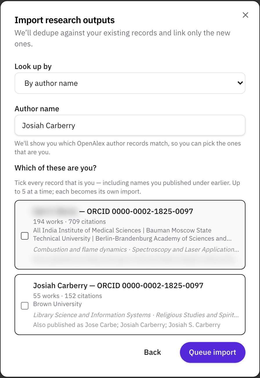 Which of these are you? for the name Josiah Carberry: two OpenAlex author records with their works, citations, institutions, and topics. The first, whose name is hidden here, carries the same ORCID iD as the second but lists institutions on several continents.