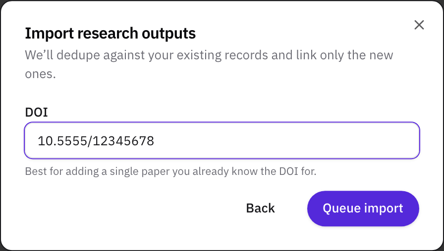 The Crossref form with a DOI entered and the Queue import button.