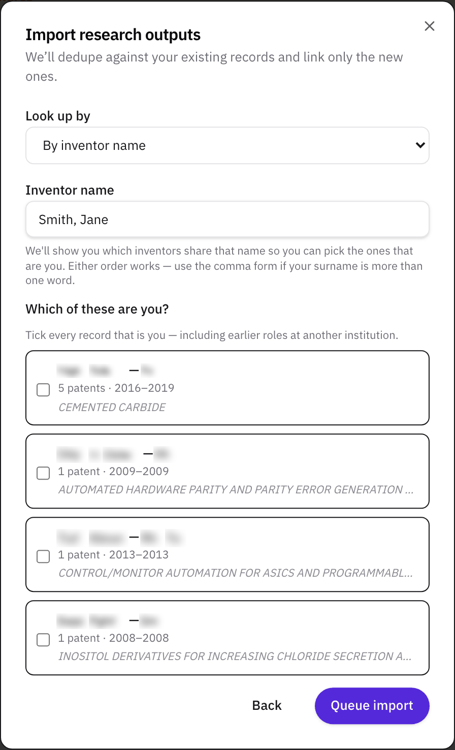 Which of these are you? for the inventor name Smith, Jane: four inventor records in different places, each with a patent count, years, and a sample patent title.