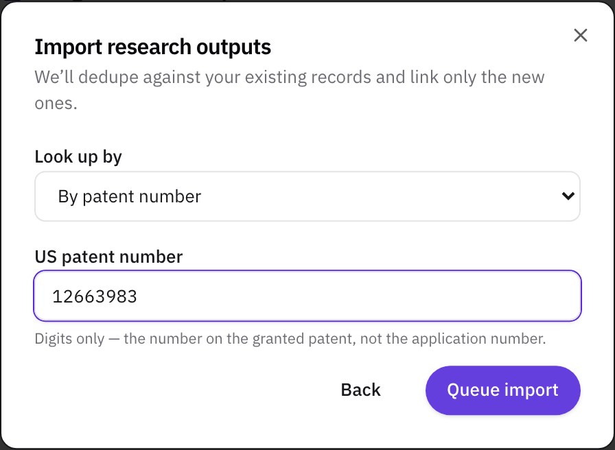 The USPTO form with By patent number selected and a patent number entered.