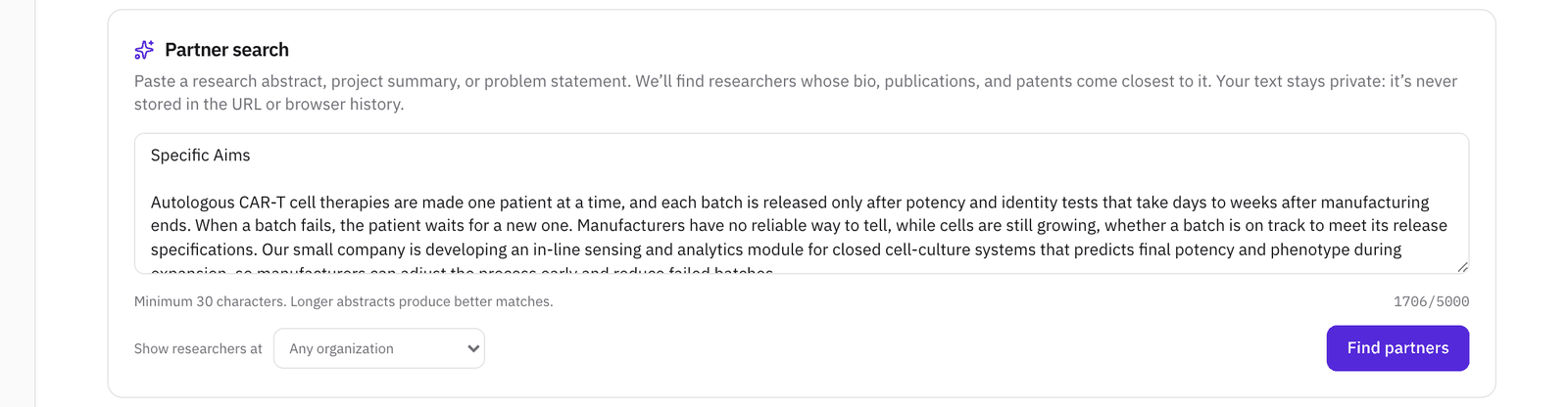 The Partner search panel with a sample specific aims page pasted in, the character counter at 1,706 of 5,000, Show researchers at set to Any organization, and the Find partners button.