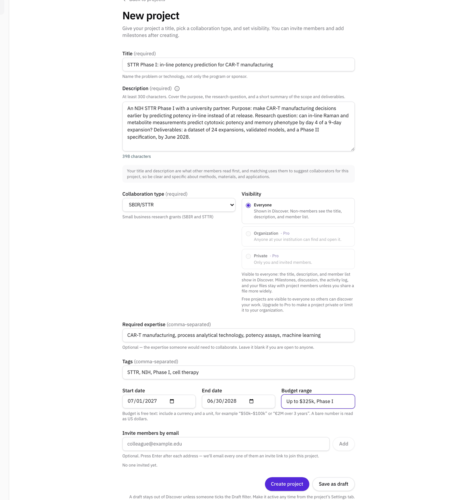 The New project form filled in for an STTR Phase I: the title, a description covering the purpose, the research question, and the deliverables, SBIR/STTR as the collaboration type with its hint, the visibility, required expertise, tags, start and end dates, and a budget range, above the Create project and Save as draft buttons.
