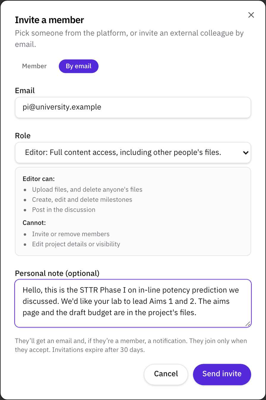 The Invite a member dialog with By email selected, an email address entered, Editor chosen as the role with a list of what an Editor can and can't do, a personal note, the line saying they join only when they accept, and the Send invite button.