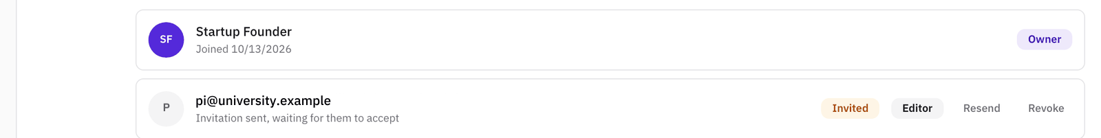 The Members tab showing the project owner and an invited address marked Invited, Editor, "Invitation sent, waiting for them to accept", with Resend and Revoke.
