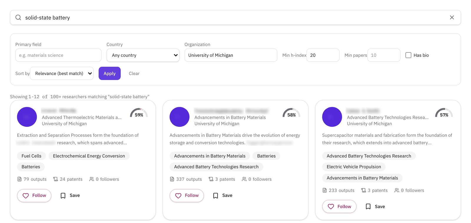 The Researchers tab with "solid-state battery" in the search box, University of Michigan as the organization, a minimum h-index of 20, sorted by relevance, and the first results: two University of Michigan battery researchers with match percentages of 59% and 58%.
