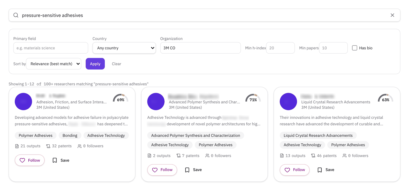 The same search at a company: "pressure-sensitive adhesives" with 3M as the organization, and three 3M researchers whose work is on adhesives and polymers.