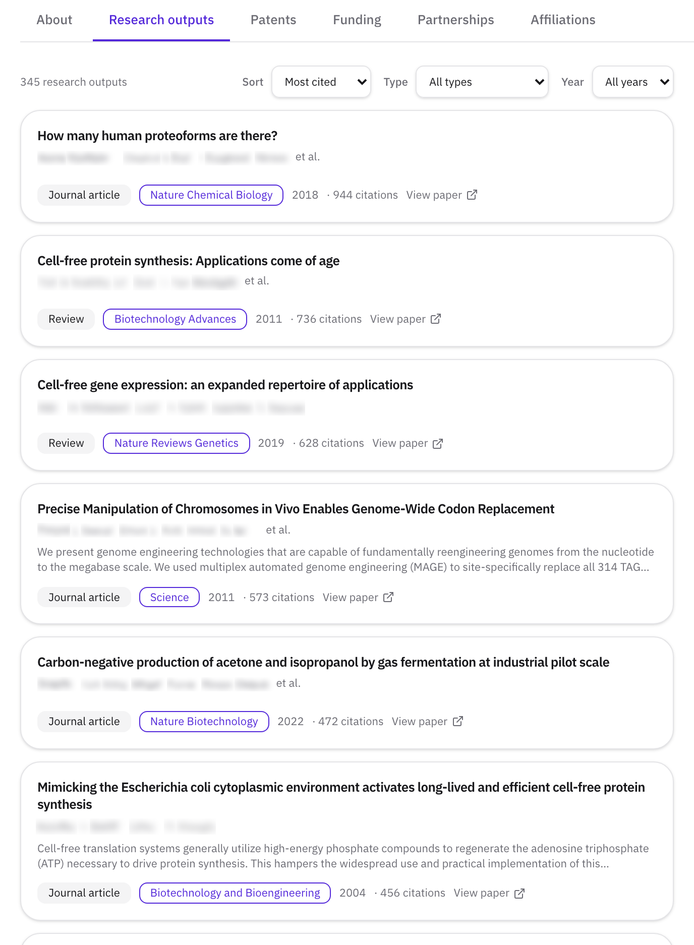 A researcher's Research outputs tab sorted by most cited, with each paper's title, authors, type, journal, year, and citation count.