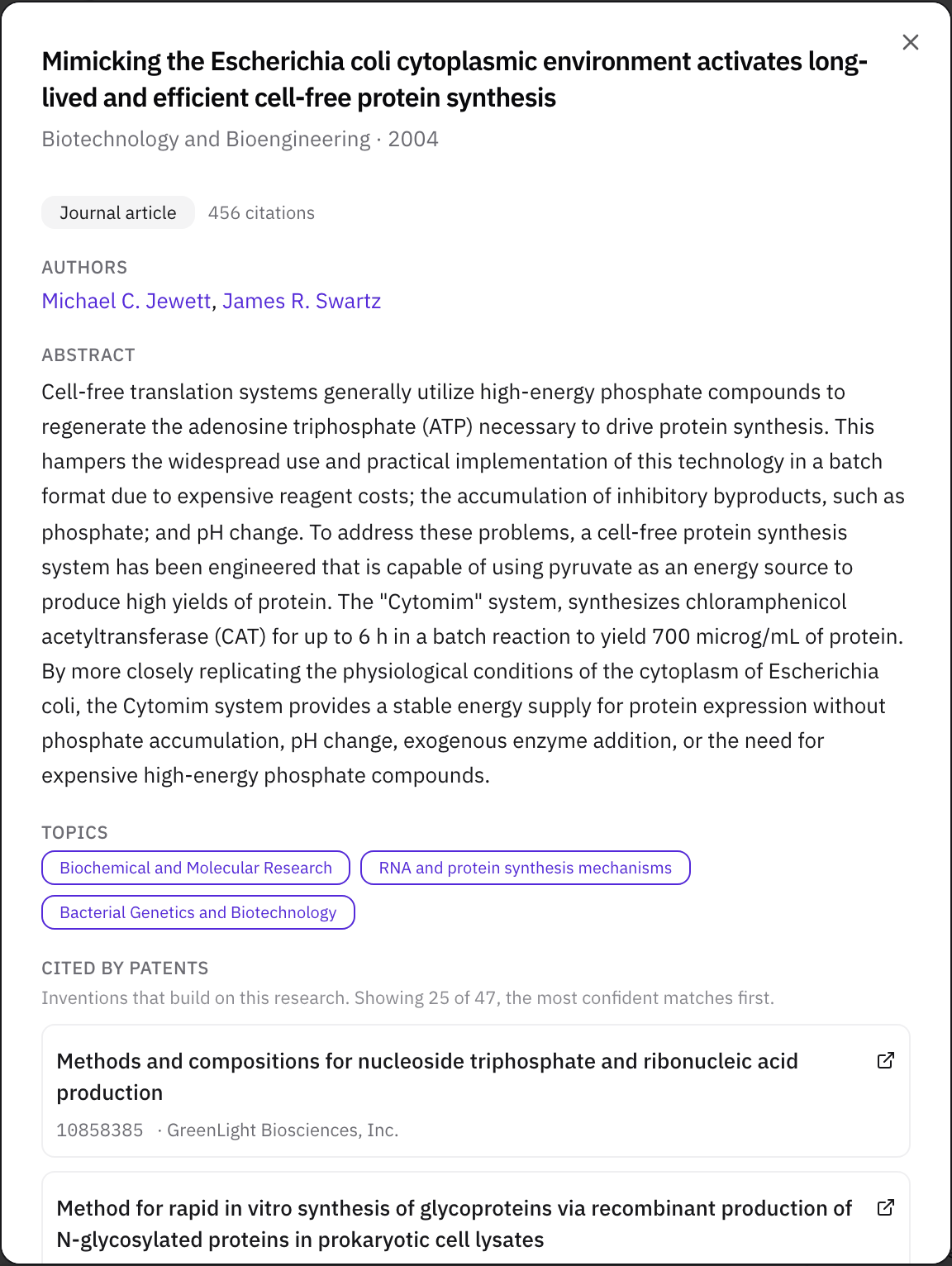 A paper's window: "Mimicking the Escherichia coli cytoplasmic environment activates long-lived and efficient cell-free protein synthesis", Biotechnology and Bioengineering, 2004, a journal article with 456 citations, its two authors, the abstract, three topics, and the first patents that cite it.