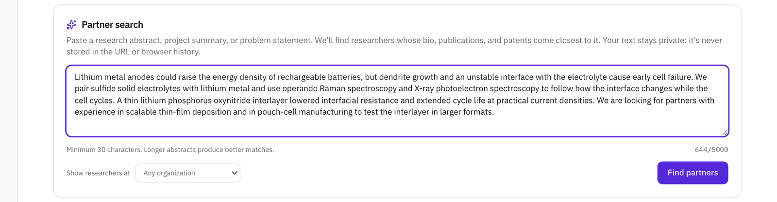 The Partner search box with an abstract about lithium metal anodes and sulfide solid electrolytes pasted in, ending with the kind of partner the work needs, Show researchers at set to Any organization, and the Find partners button.