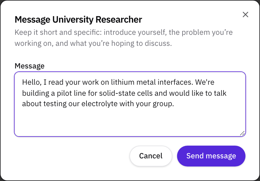 The Message dialog: a short note introducing a pilot line for solid-state cells and asking to talk about testing an electrolyte, with Cancel and Send message buttons.