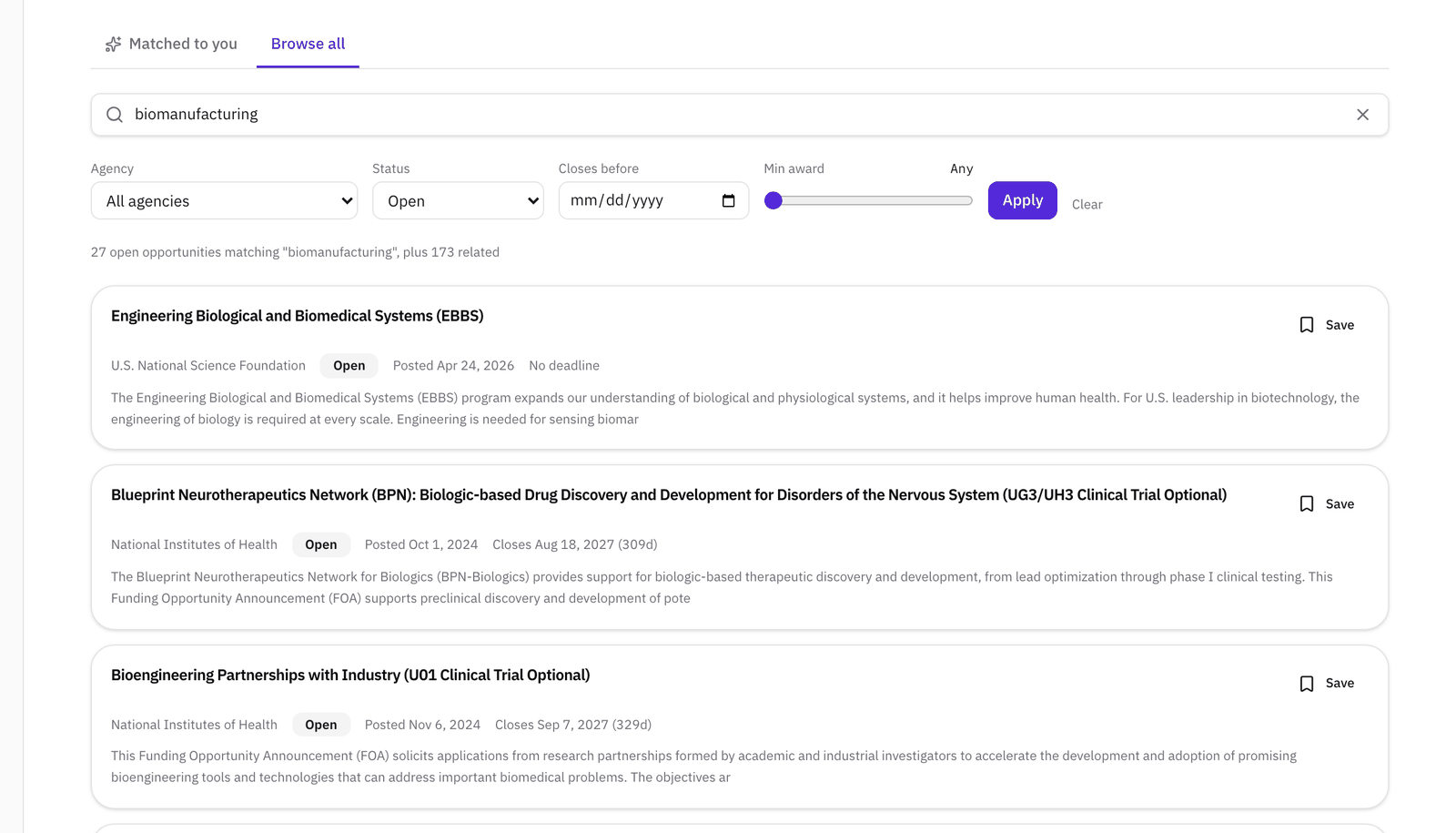 The Browse all tab with "biomanufacturing" in the search box, the Agency, Status, Closes before, and Min award filters, the count of matching and related calls, and the first results: Engineering Biological and Biomedical Systems from the National Science Foundation, and two calls from the National Institutes of Health.