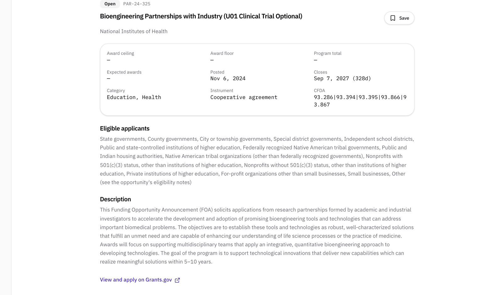 An opportunity page for Bioengineering Partnerships with Industry from the National Institutes of Health: open, closing in September 2027, a cooperative agreement, the eligible applicants including universities and small businesses, the description, and the View and apply on Grants.gov link.