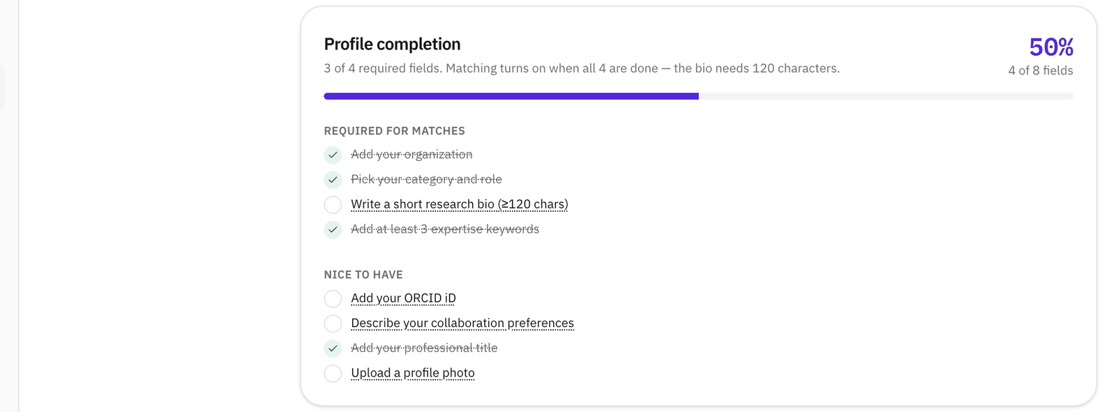 The Profile completion card with the four fields required for matches (organization, category and role, a bio of at least 120 characters, and at least 3 expertise keywords), three of them done.