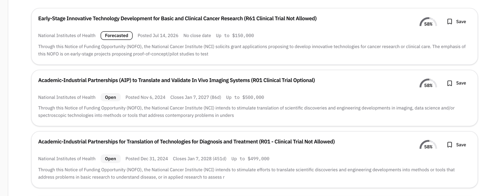 The Matched to you tab for a startup working on cell therapy manufacturing: three calls from the National Cancer Institute, including two Academic-Industrial Partnerships, each with a match percentage and a Save button.