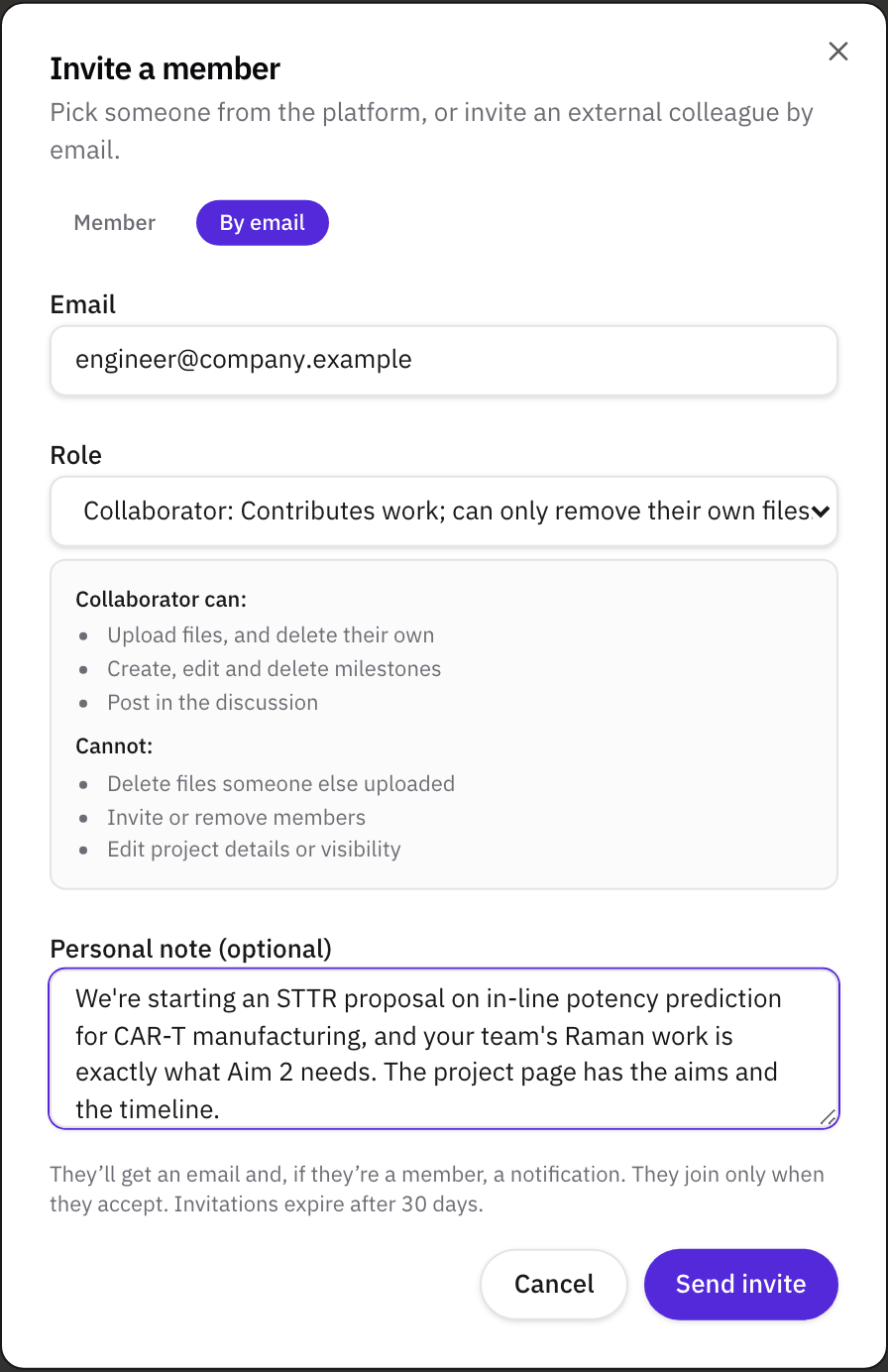 The Invite a member dialog with By email selected, a company collaborator's address entered, Collaborator chosen as the role, the list of what a Collaborator can and can't do, a personal note, the line saying they join only when they accept and that invitations expire after 30 days, and the Send invite button.