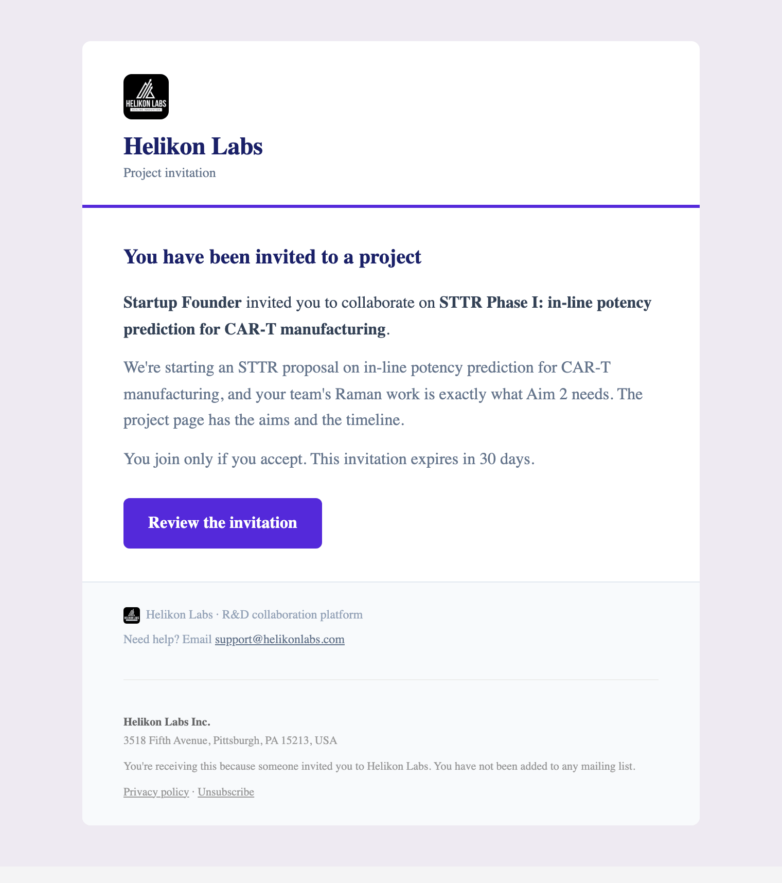 The project invitation email: "You have been invited to a project", the inviter's name and the project title, a personal note, "You join only if you accept. This invitation expires in 30 days.", and the Review the invitation button.