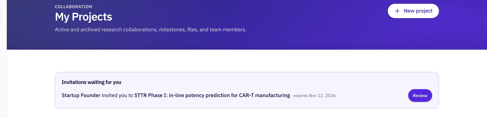 The invitee's My Projects page with Invitations waiting for you: the project owner invited them to the STTR project, with the expiry date and a Review button.