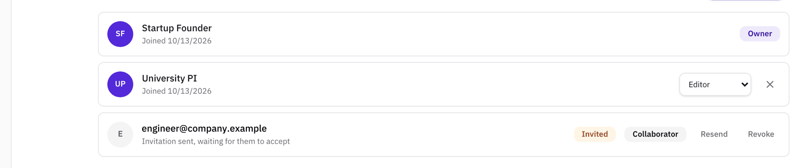 The Members tab with the project owner, a university collaborator who has joined, with a role menu set to Editor, and a company collaborator's address marked Invited, Collaborator, with Resend and Revoke.