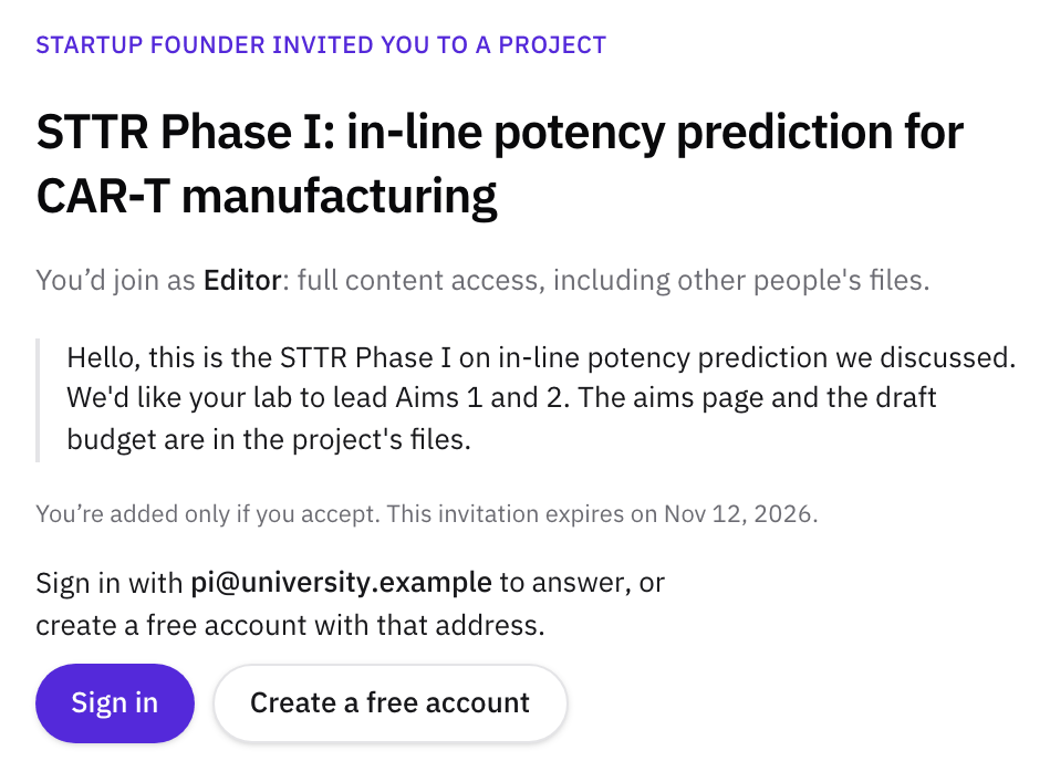 The invitation page for someone who isn't signed in: who sent it, the project title, the role they'd join as, the personal note, the expiry date, and Sign in and Create a free account buttons.