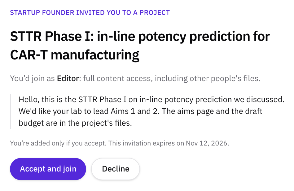 The same invitation page for the invited person, signed in, with Accept and join and Decline.