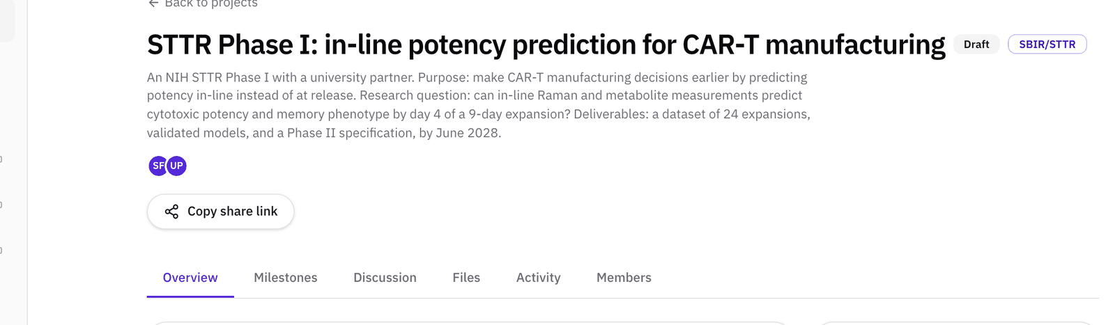 The project page as an invited Editor sees it: the title, description, members' initials, and the Overview, Milestones, Discussion, Files, Activity, and Members tabs.