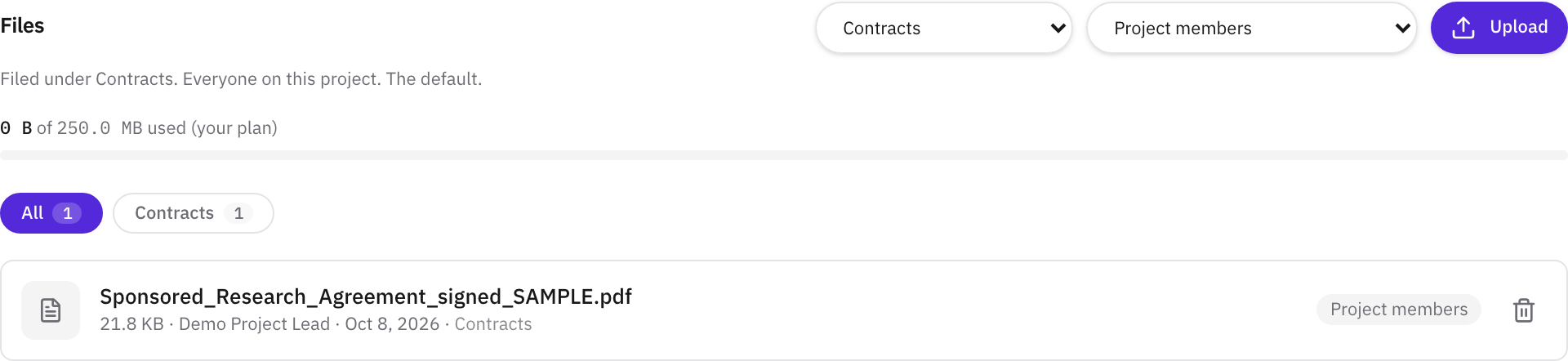 The Files tab with Contracts and Project members chosen beside the Upload button, and the signed agreement listed under Contracts with its audience shown as Project members.
