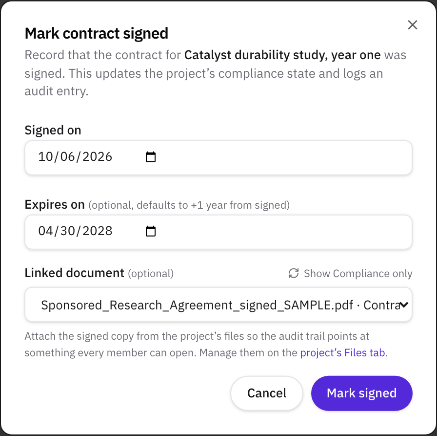 The Mark contract signed dialog with Signed on and Expires on filled in, Show any folder selected, and the signed agreement from the Contracts folder chosen as the linked document.
