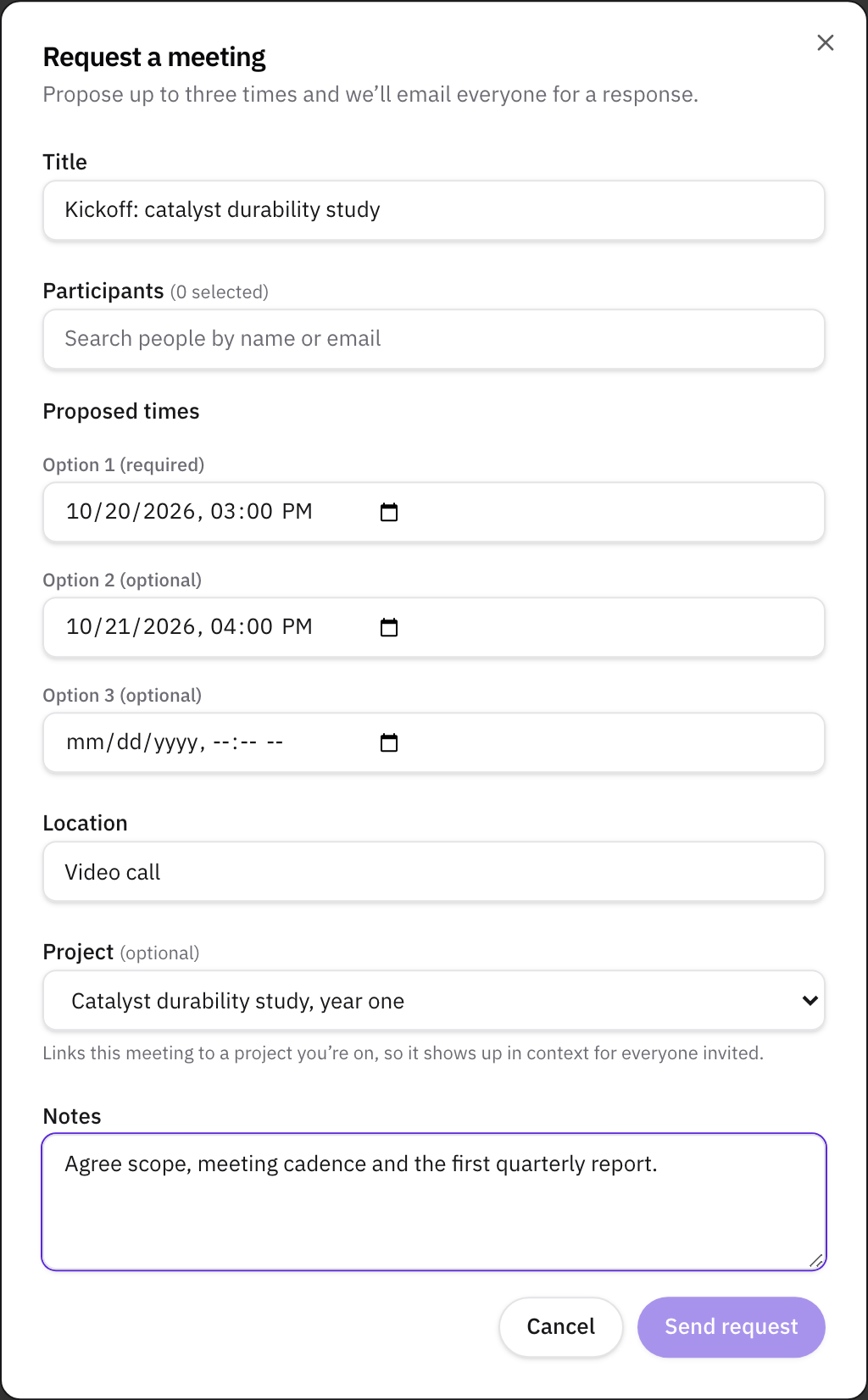 The Request a meeting dialog with a title, two proposed times, Video call as the location, the project chosen under Project, and notes.