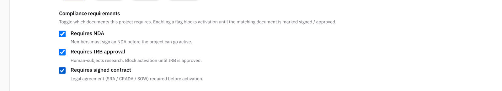 The Compliance requirements section with Requires NDA, Requires IRB approval, and Requires signed contract all ticked, each with a one-line explanation.