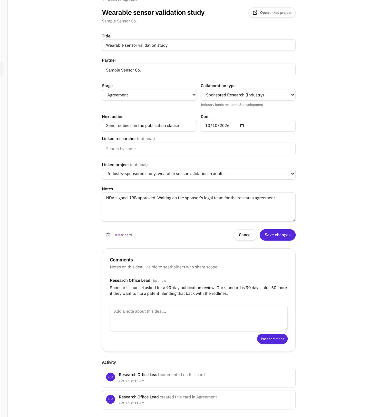 A pipeline card's page with its fields, a comment about the publication review period, and the card's activity history.