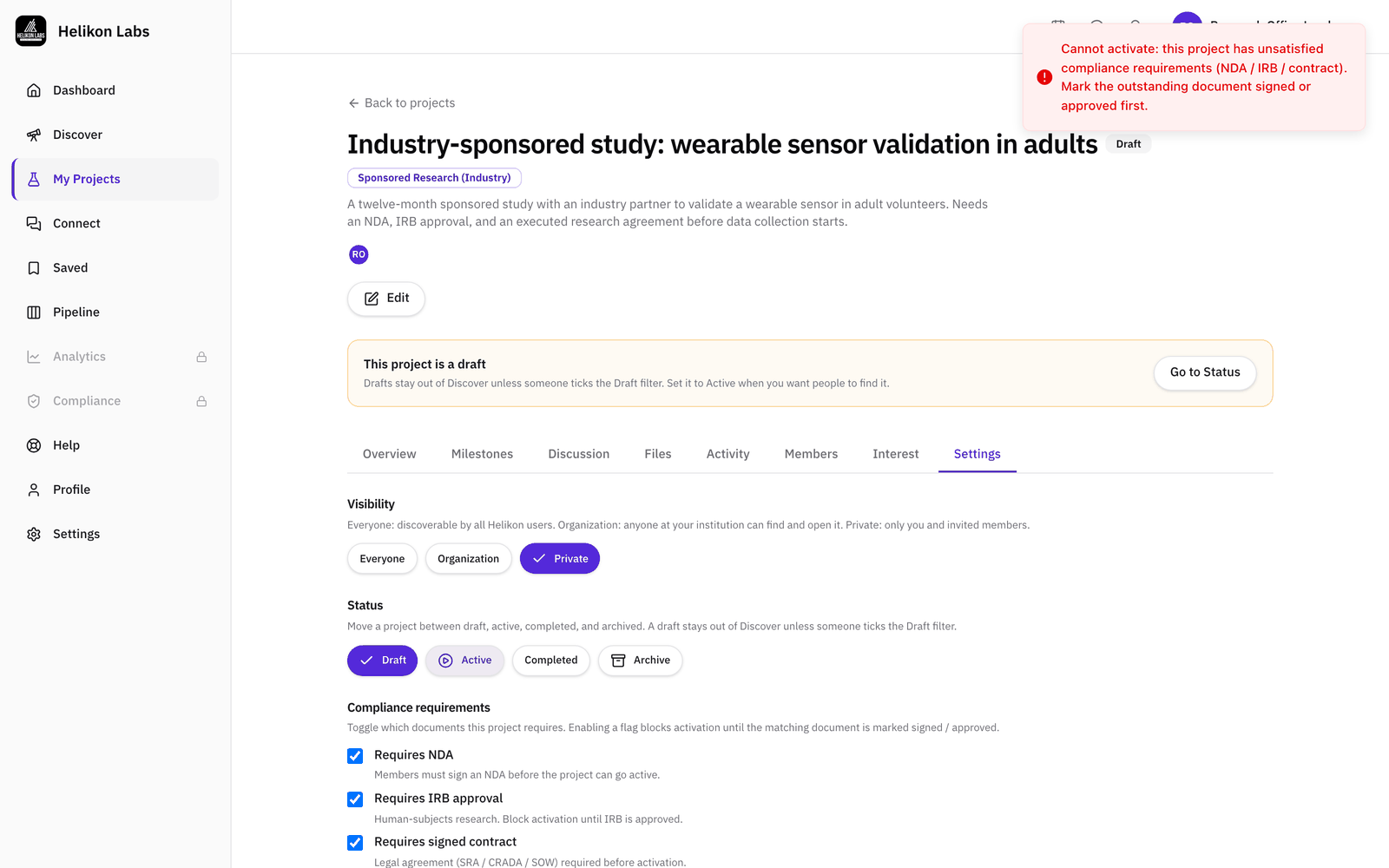 The project's Settings tab with the error "Cannot activate: this project has unsatisfied compliance requirements (NDA / IRB / contract). Mark the outstanding document signed or approved first."