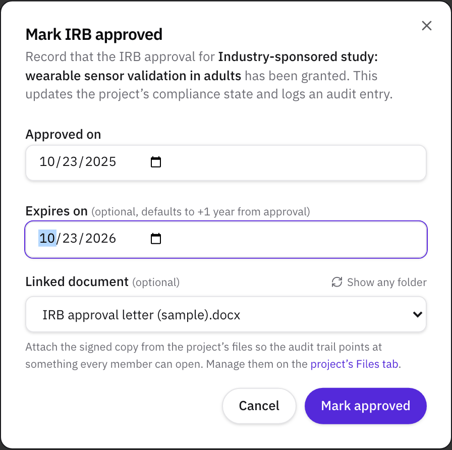 The Mark IRB approved dialog with an approval date, an expiry date, and the IRB approval letter chosen as the linked document.