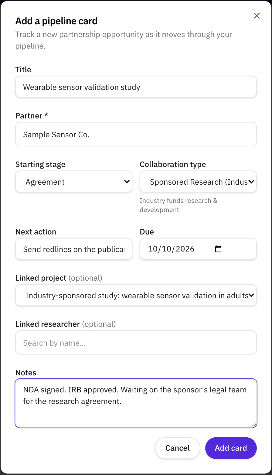 The Add card dialog with a title, a partner, the Agreement stage, Sponsored Research (Industry) as the agreement type, a next action due date, a linked project, and notes.