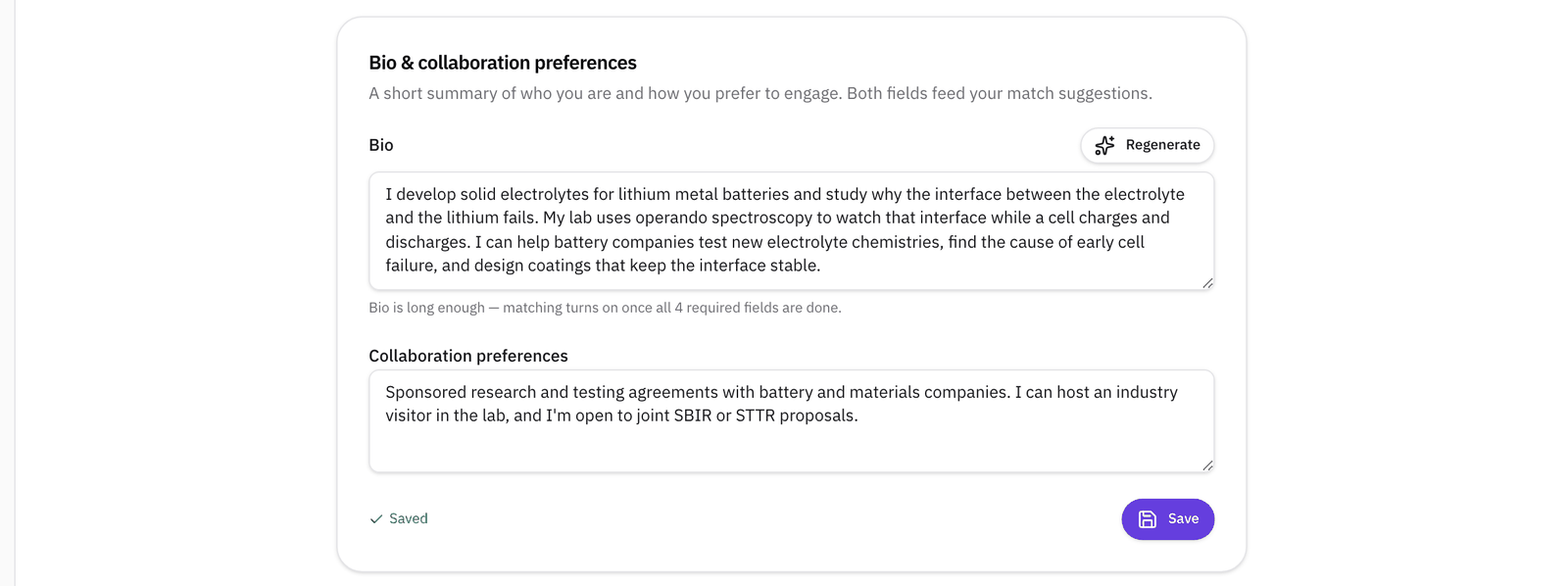 The Bio & collaboration preferences section with a first-person bio about solid electrolytes for lithium metal batteries and what the lab can do for battery companies, a collaboration preferences note, and Saved.