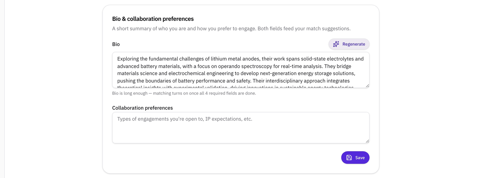 The same section with a generated draft in the bio box: three sentences in the third person about lithium metal anodes, solid-state electrolytes, and operando spectroscopy, with Regenerate above it.