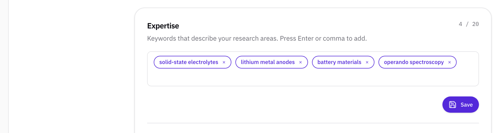 The Expertise section with four keywords: solid-state electrolytes, lithium metal anodes, battery materials, and operando spectroscopy, a 4 / 20 counter, and Save.