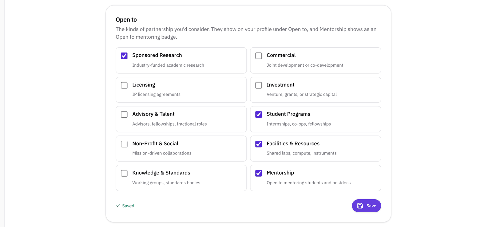 The Open to section of a profile with ten partnership types, Sponsored Research, Student Programs, Facilities & Resources, and Mentorship ticked, and Saved.