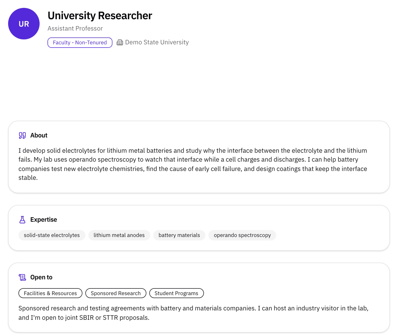 A public profile: the name, title, role, and organization, Message, Follow, Save, and Schedule buttons, the bio under About, the four expertise keywords, and Open to with Facilities & Resources, Sponsored Research, Student Programs, and the collaboration preferences note.